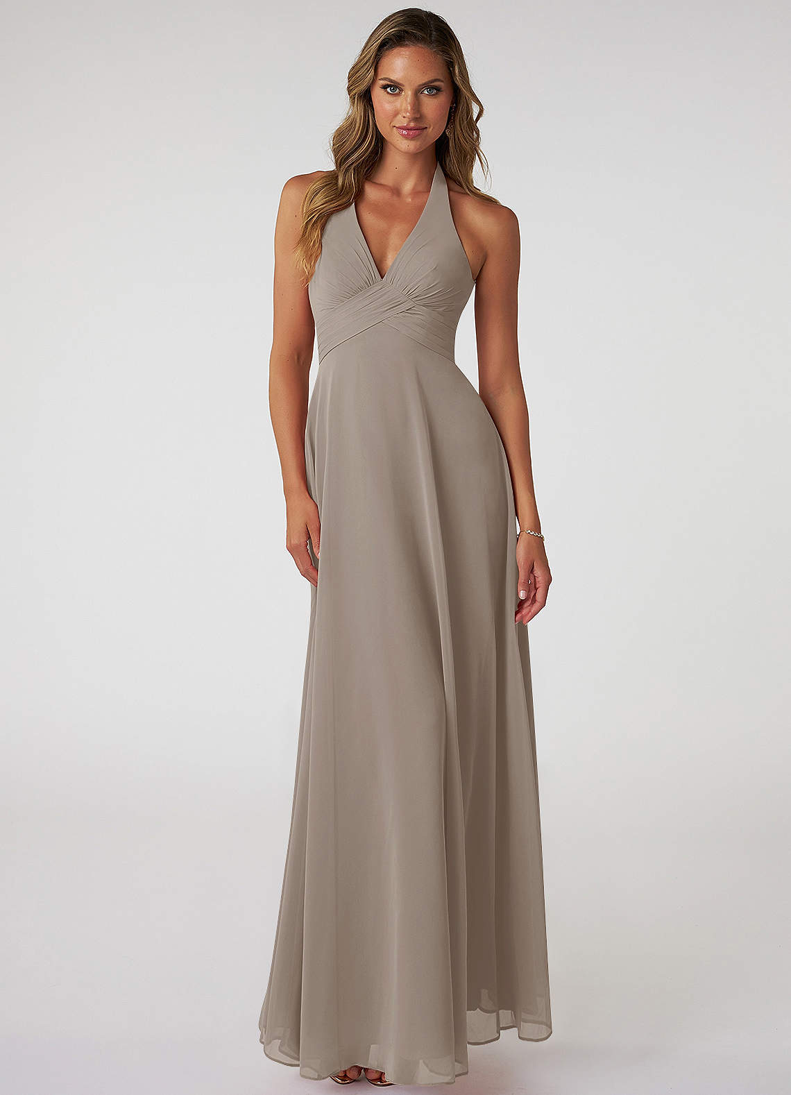 Azazie Tessie Bridesmaid Dresses Taupe A-Line V-Neck Pleated Chiffon Dress image1