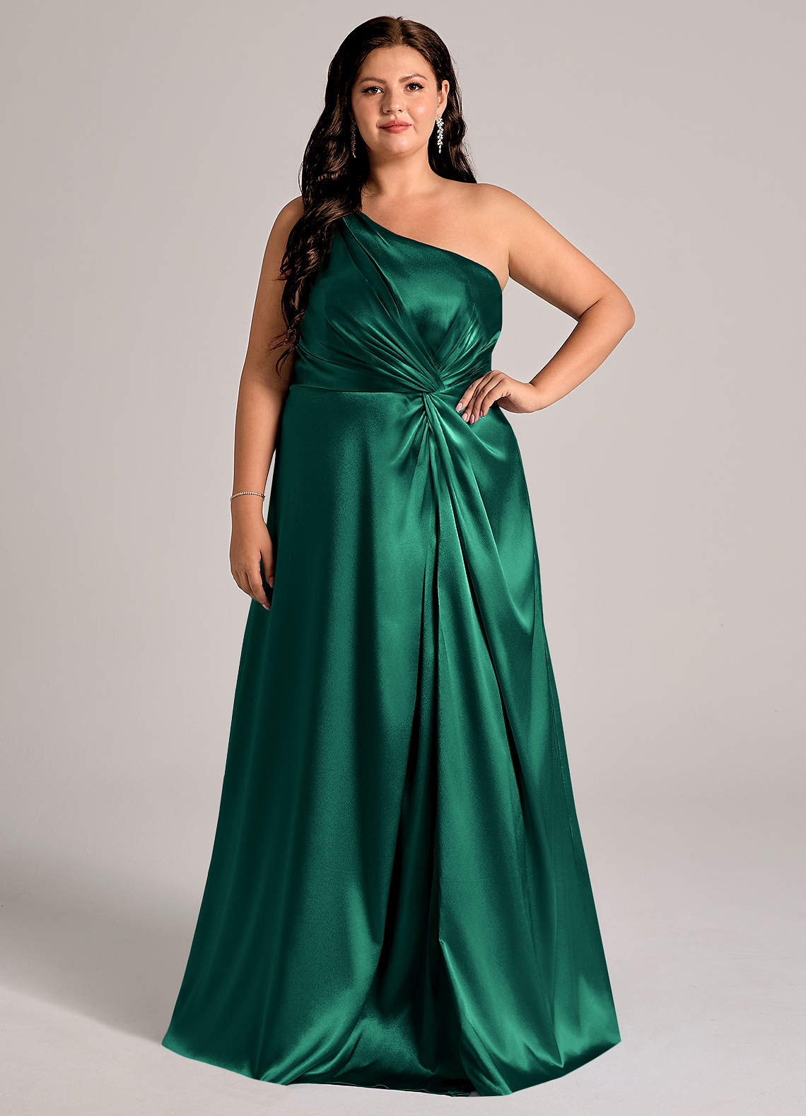 Azazie Brooke Bridesmaid Dresses Emerald A-Line One Shoulder Metallic Satin Dress image1