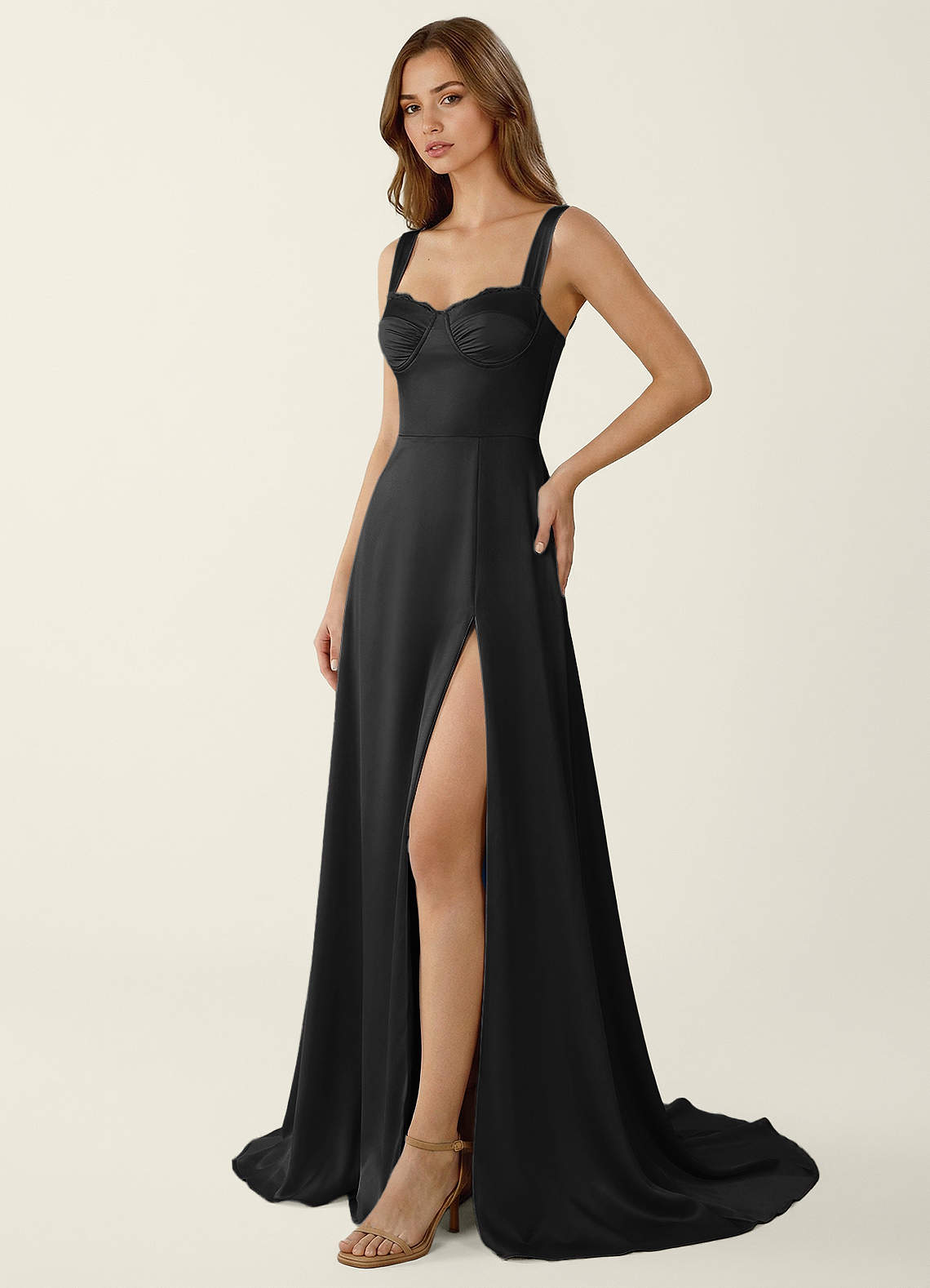 black satin lace up dress Azazie 2026 Corset Lace Up A-Line Prom Dress Black Gown
