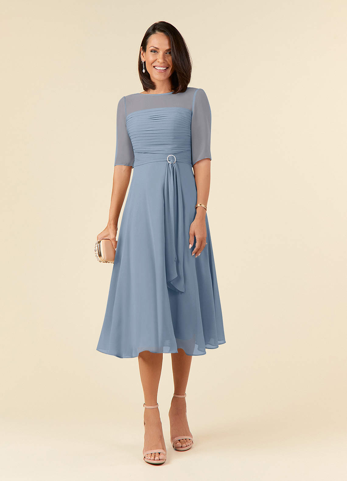 Azazie Naomi Mother of the Bride Dresses Dusty Blue A-Line Boatneck Pleated Chiffon Dress image1