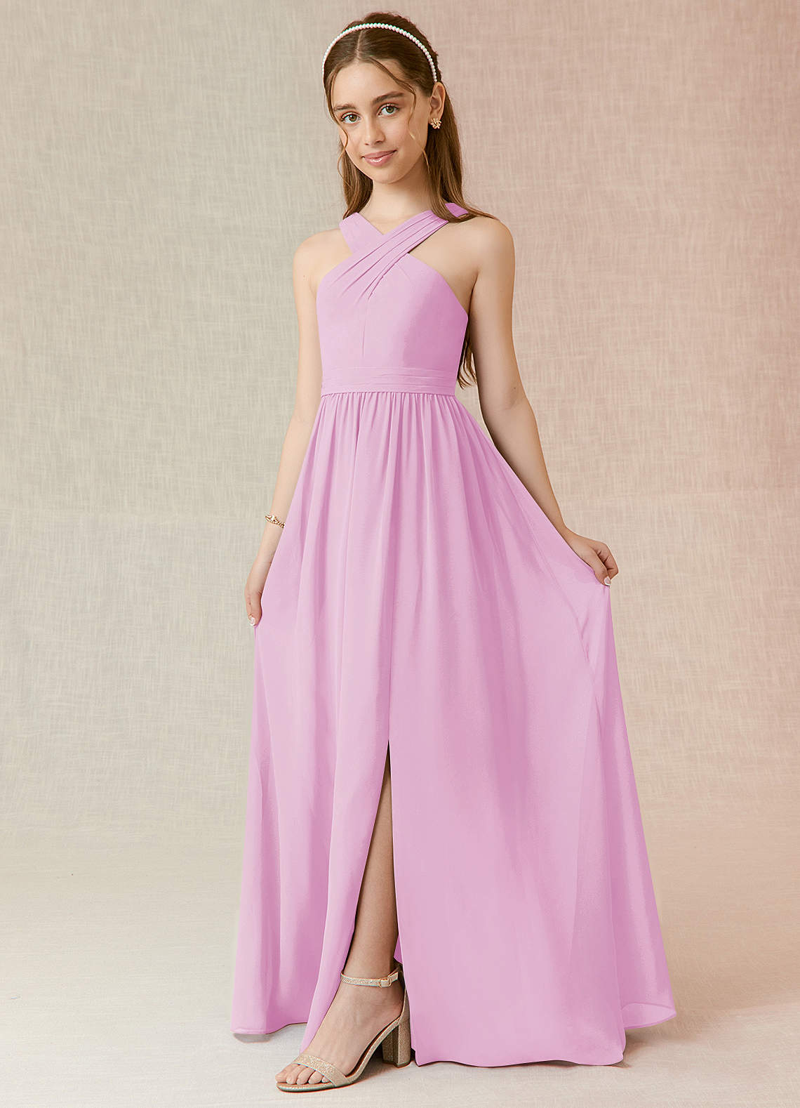 Azazie Jiya Junior Vestido de Rosa Caramelo de Gasa de Corte En A con Plisado image1