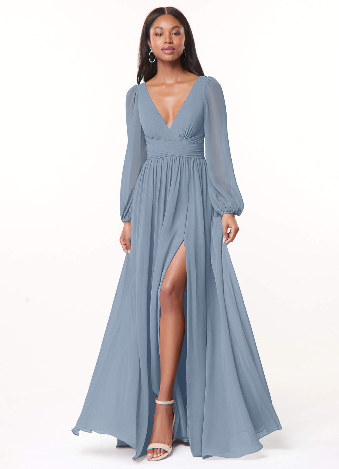 Azazie Norah Bridesmaid Dresses Dusty Blue A-Line V-Neck Long Sleeve Chiffon Dress image1