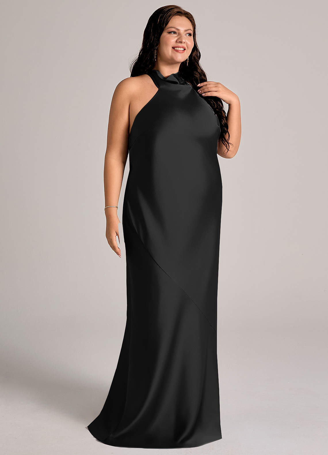 Azazie Velli Bridesmaid Dresses Black Mermaid High Neck Stretch Satin Dress image11