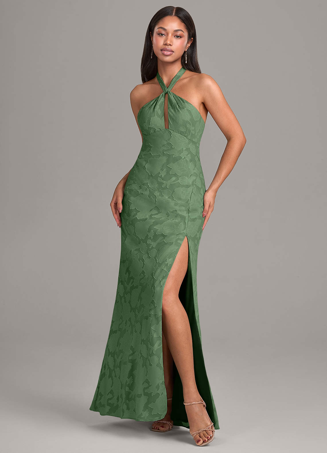 Azazie Ailany Bridesmaid Dresses Eucalyptus A-Line Pleated Floral Burnout Dress image1