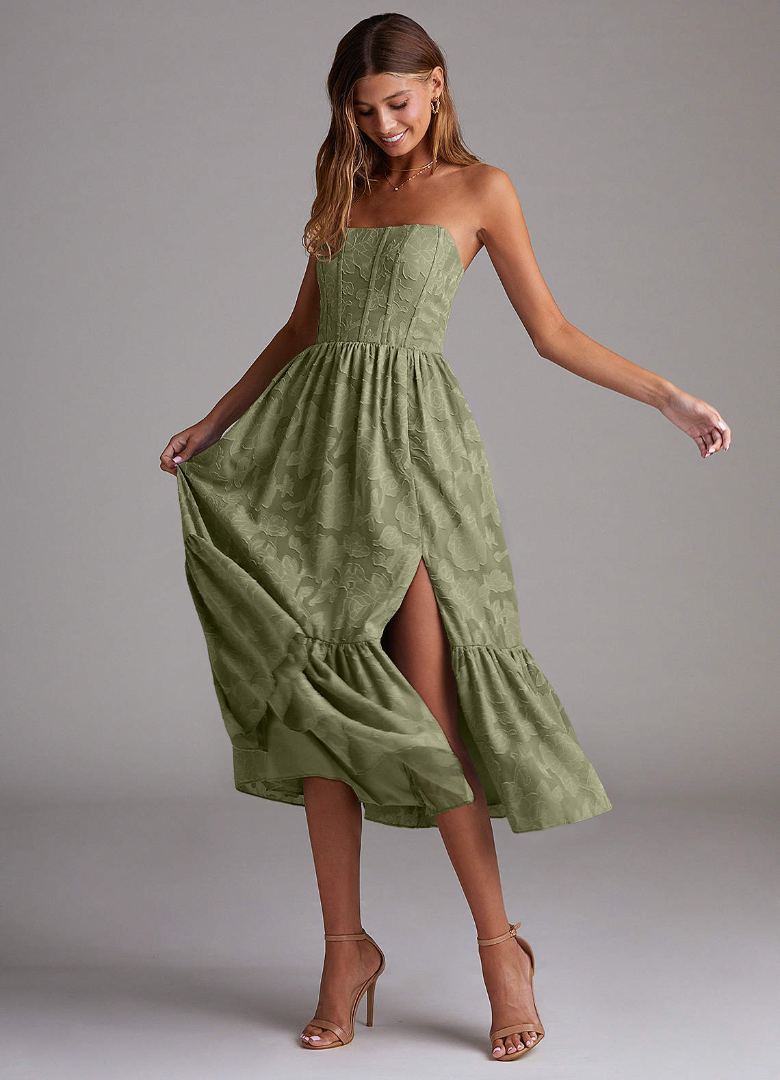 Azazie Delphina Bridesmaid Dresses Pistachio A-Line Strapless Floral Burnout Convertible Dress image2
