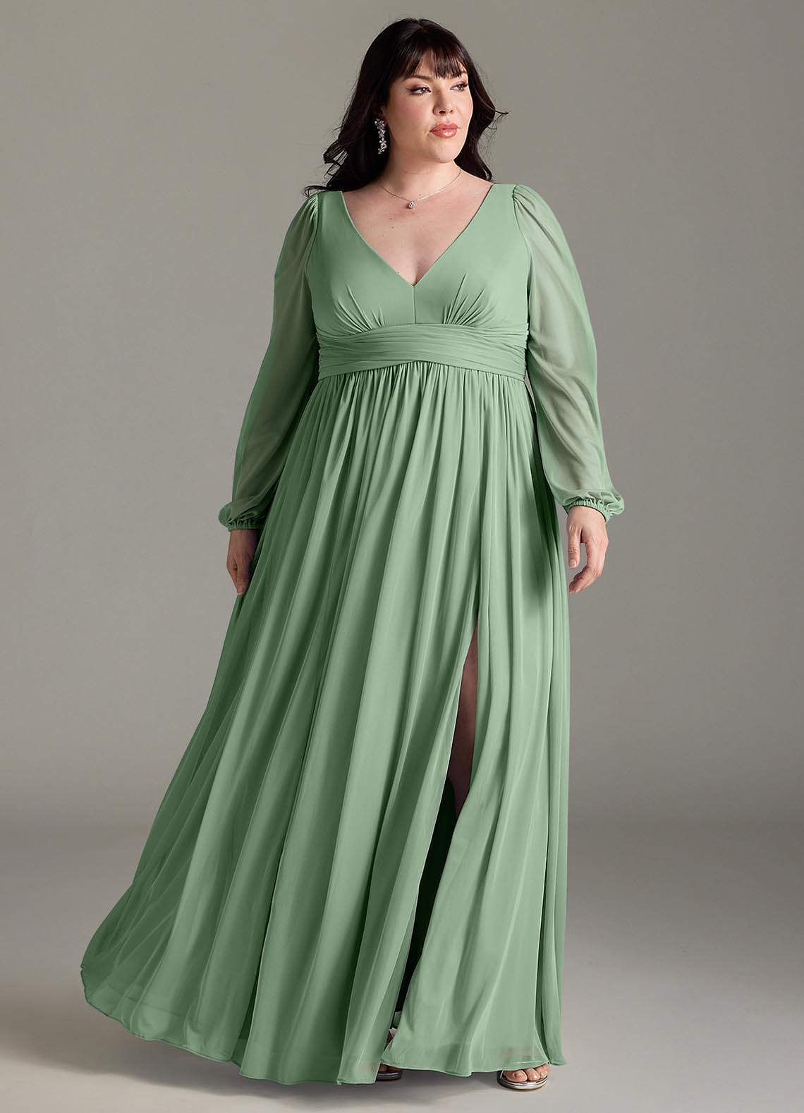 Azazie Norah Abiti da Damigella Abito A-Line in Chiffon con Maniche lunghe e Scollo a V Matcha image5