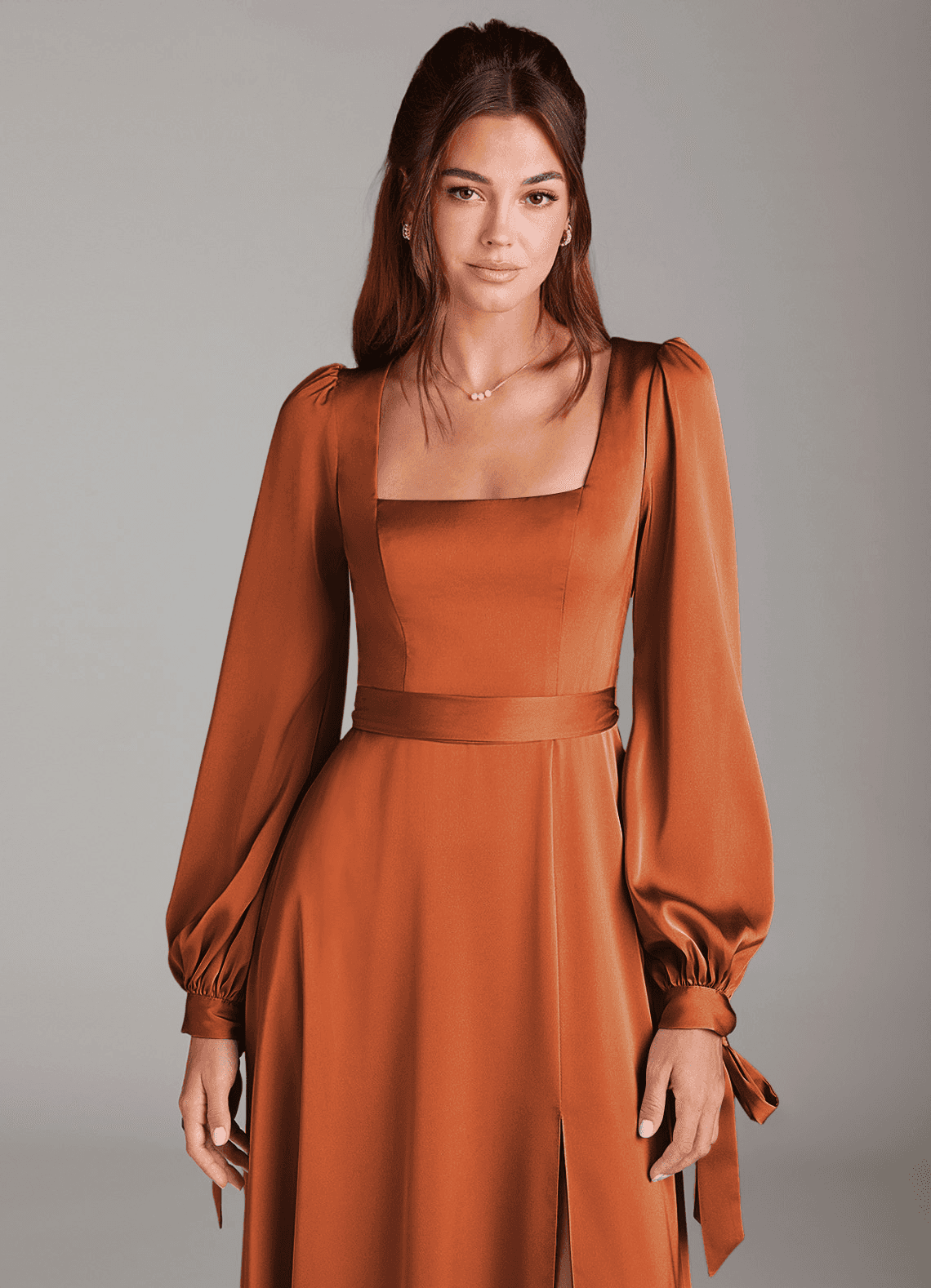 Azazie Leonia Bridesmaid Dresses Cinnamon A-Line Long Sleeve Stretch Satin Dress image4
