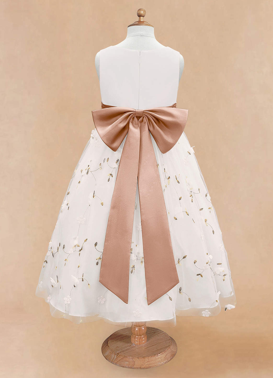 Azazie Pollie Flower Girl Dresses Ivory Champagne Rose A-Line Bow Tulle Dress image11