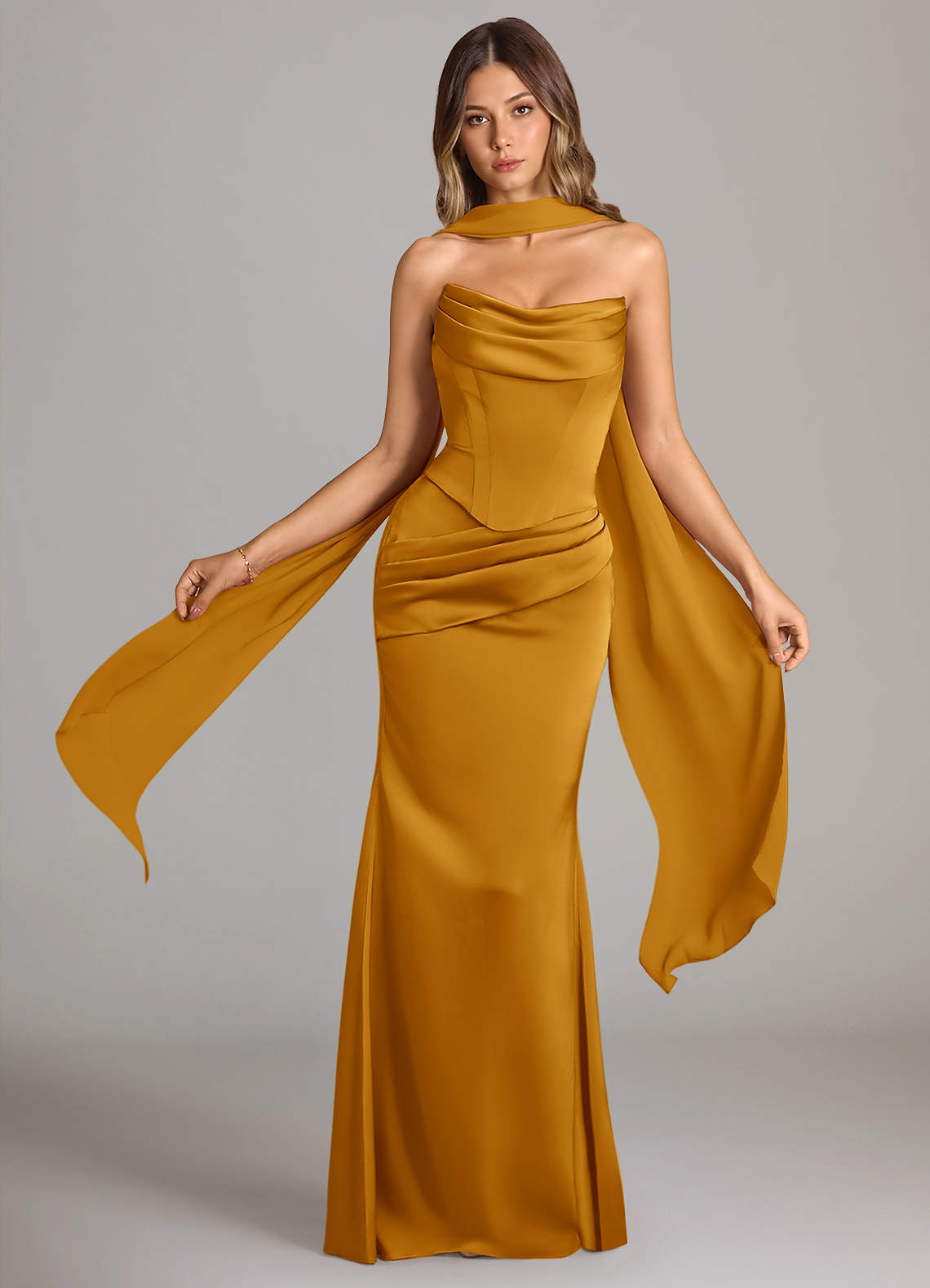 Azazie Sorrel Vestidos de damas de honor Vestido de Caramelo de Satén Elástico de Corte Sirena Convertible con Sin tirantes image1