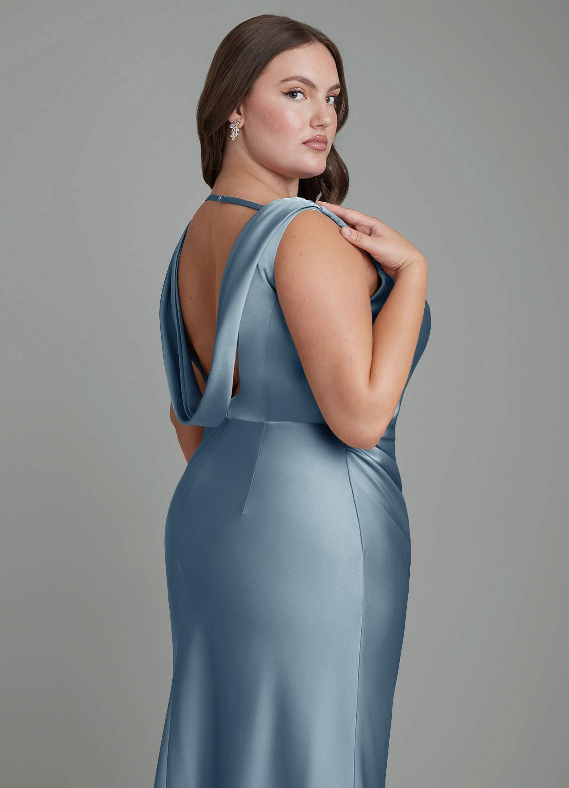 Azazie Kieryn Bridesmaid Dresses Dusty Blue Mermaid Pleated Stretch Satin Dress image12