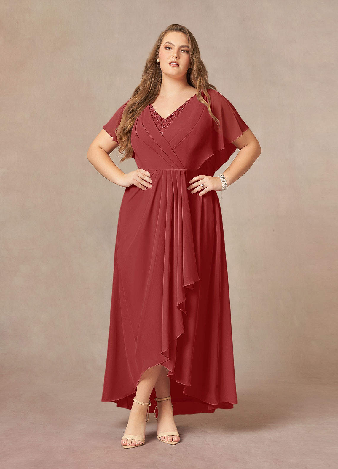 Azazie Eliza Mother of the Bride Dresses Rust A-Line V-Neck Pleated Chiffon Dress image1