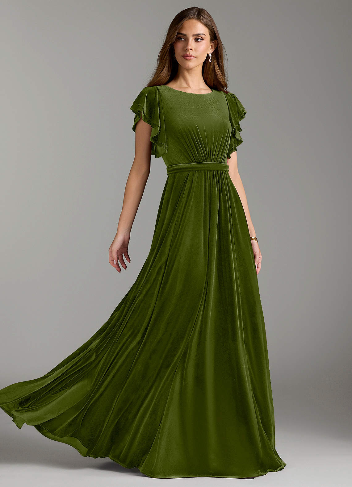 Azazie Daphne Robes de demoiselle d'honneur modestes Robe Trapèze avec ceinture Longueur ras du sol velours image1