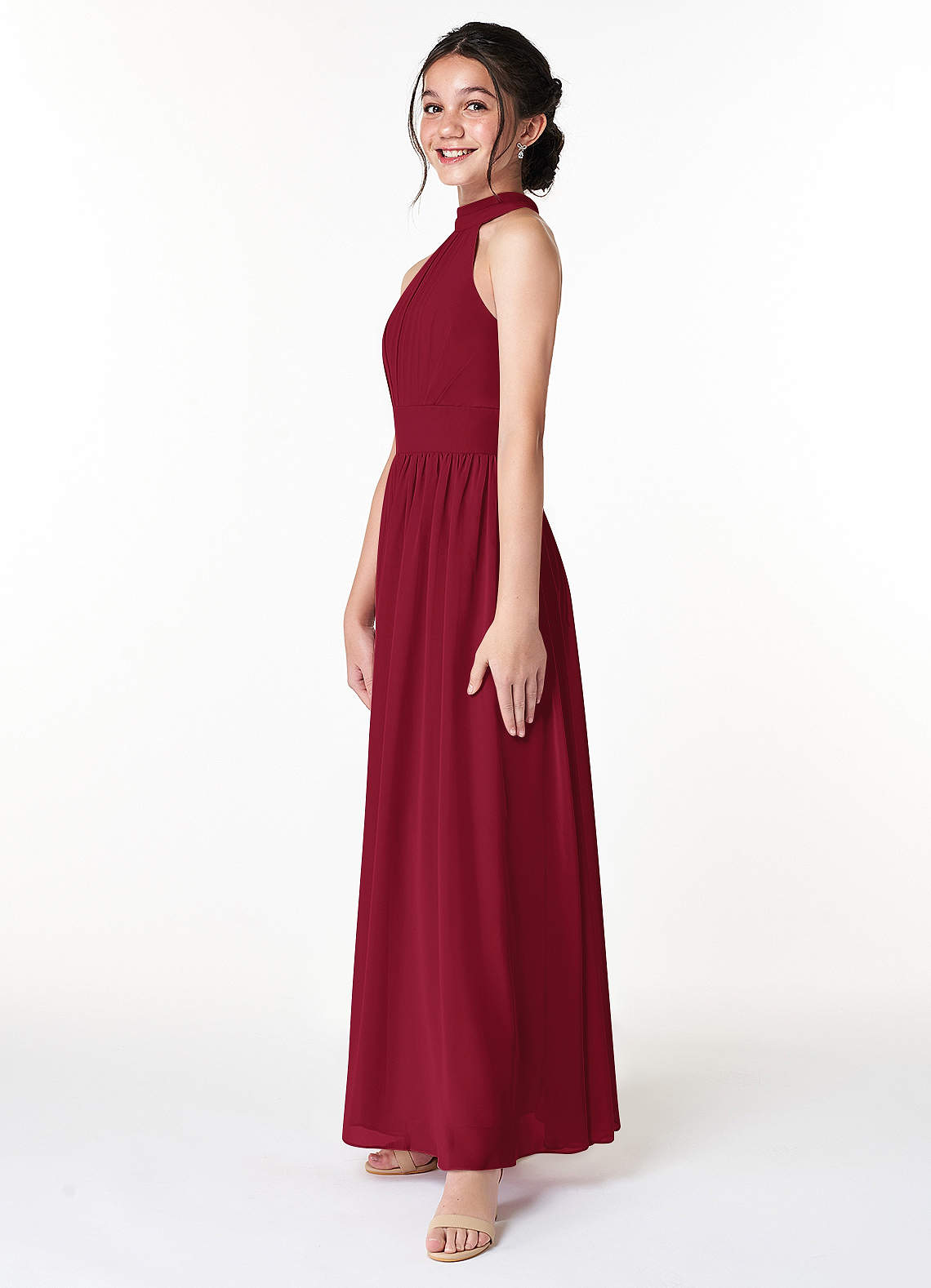 Azazie Iman Junior Vestido Borgonha de Chiffon de Linha A com Plissado image4