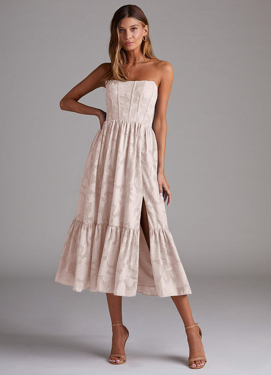 Azazie Delphina Bridesmaid Dresses Blushing Pink A-Line Strapless Floral Burnout Convertible Dress image1