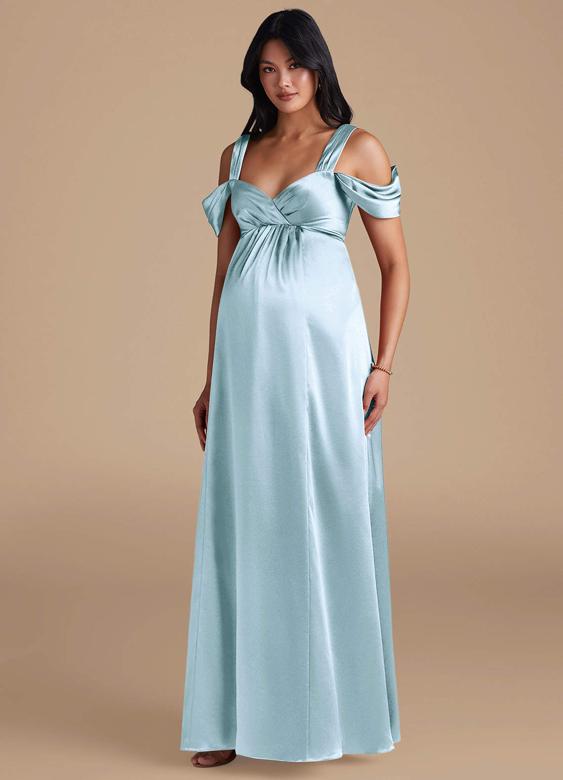 Azazie Rhea Maternity Bridesmaid Dresses A-Line Pleated Metallic Satin Floor-Length Dress image1