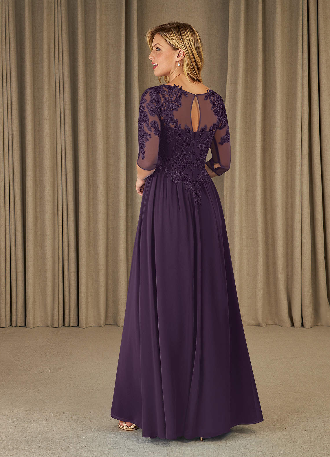 Azazie Mirielle Kleider für die Brautmutter A-Linie Schaufel Spitze Chiffon Kleid Pflaume image9