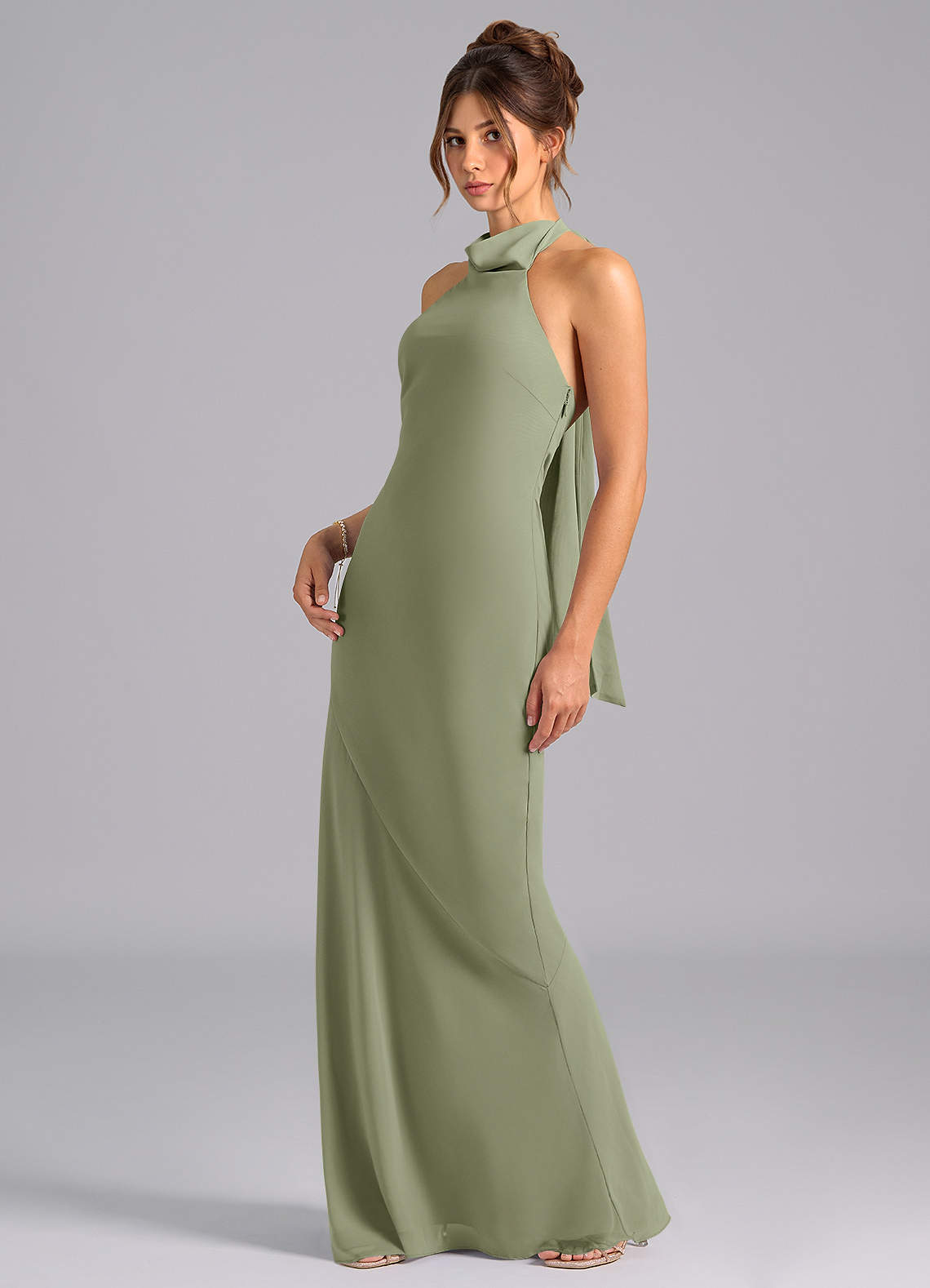 Azazie Mermaid Halter Neck Floor-Length Chiffon Bridesmaid Dresses - Pistachio