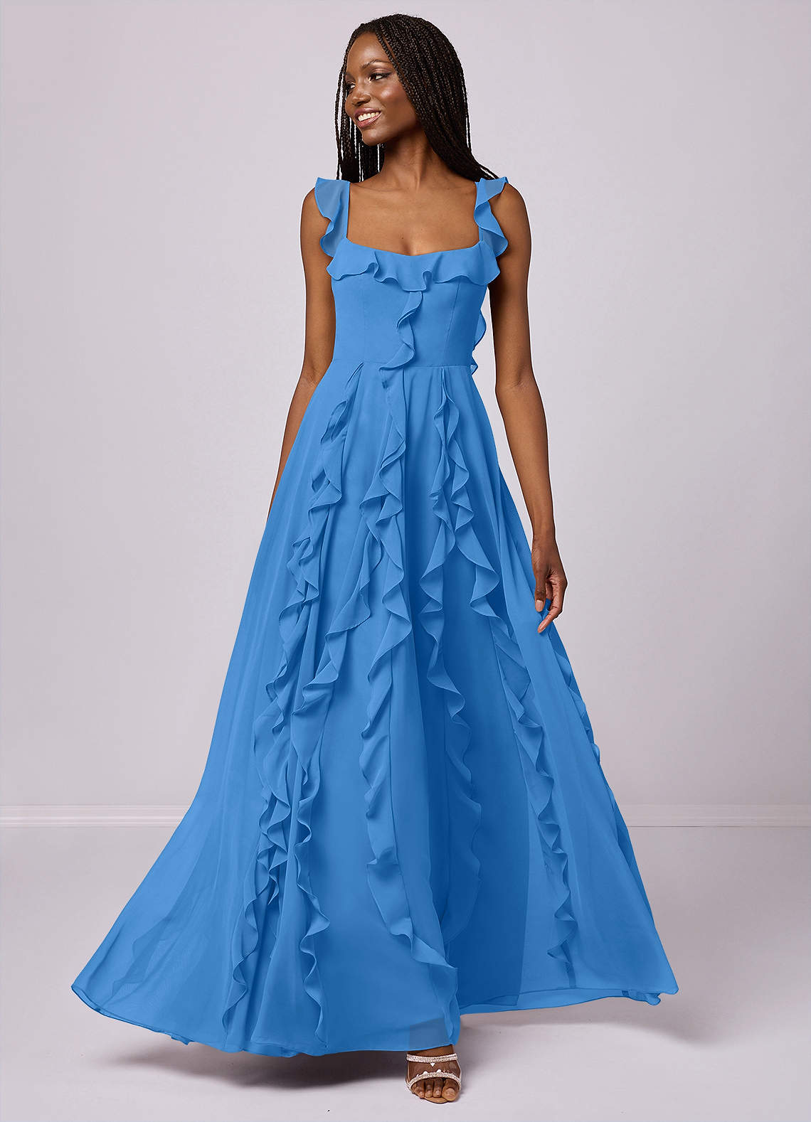 Barbie ♥ Azazie Jurken voor bruidsmeisjes Jurk van Chiffon met A-Lijn met Zakken Blauwe Gaai image1