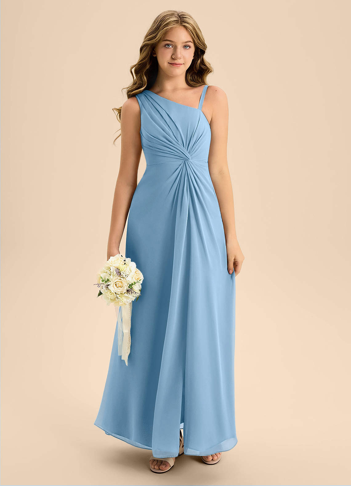 Azazie Brooke Junior Vestido de Azul Acero de Gasa de Corte en A con Corte Lateral image2