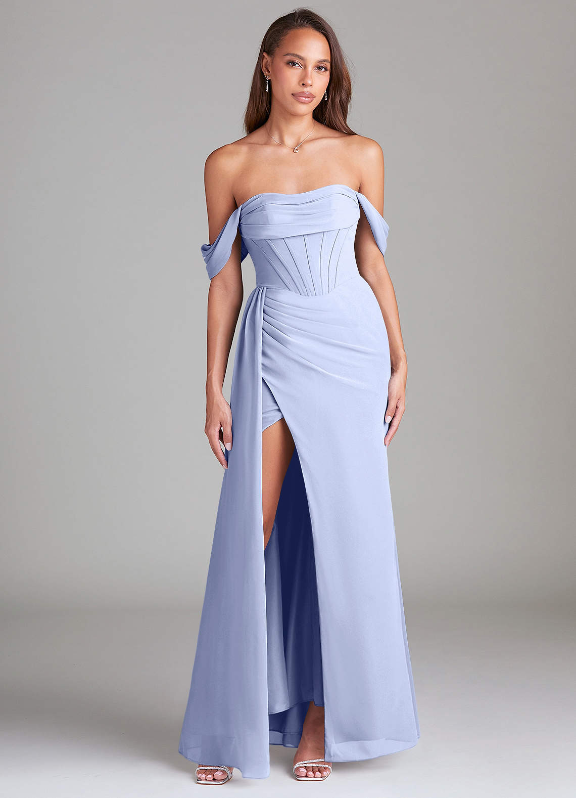 Azazie Amyra Bridesmaid Dresses Ice Sheath Off the Shoulder Chiffon Convertible Dress image1