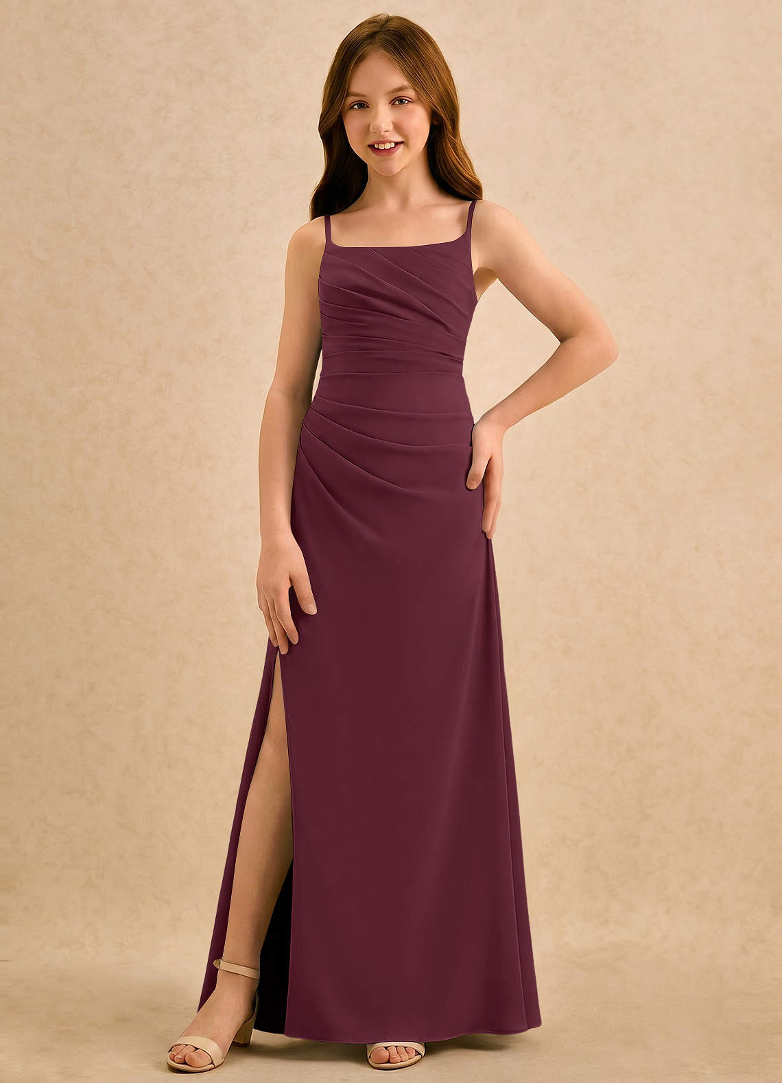 Azazie Cannoli Girls Formal Flower Girl Dresses Cabernet A-Line Pleated Chiffon Dress image4