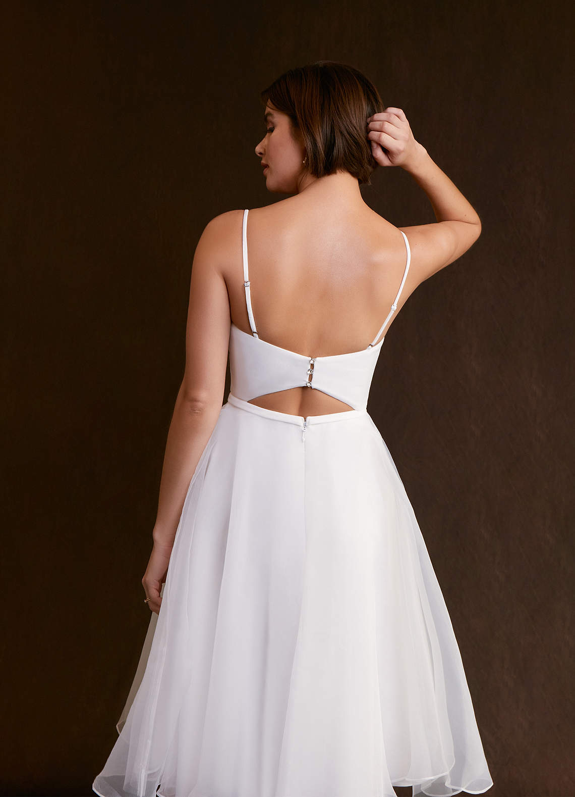 Azazie Ardea Wedding Dresses A-Line V-Neck Pleated Stretch Crepe Knee-Length Dress image1