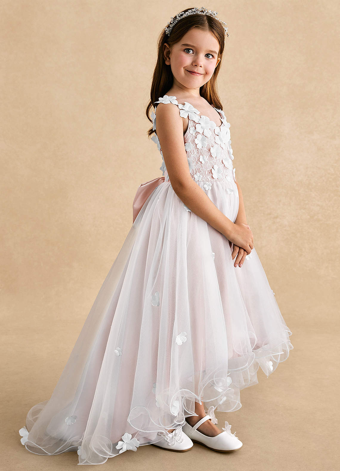 Azazie Celia Flower Girl Dresses Blushing Pink A-Line Lace Tulle Dress image2