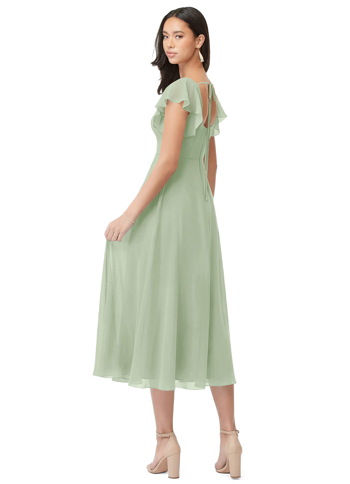 Azazie Bondi Brautjungfernkleider A-Linie Gestreift Chiffon Kleid Staubiger Salbeigrün image1