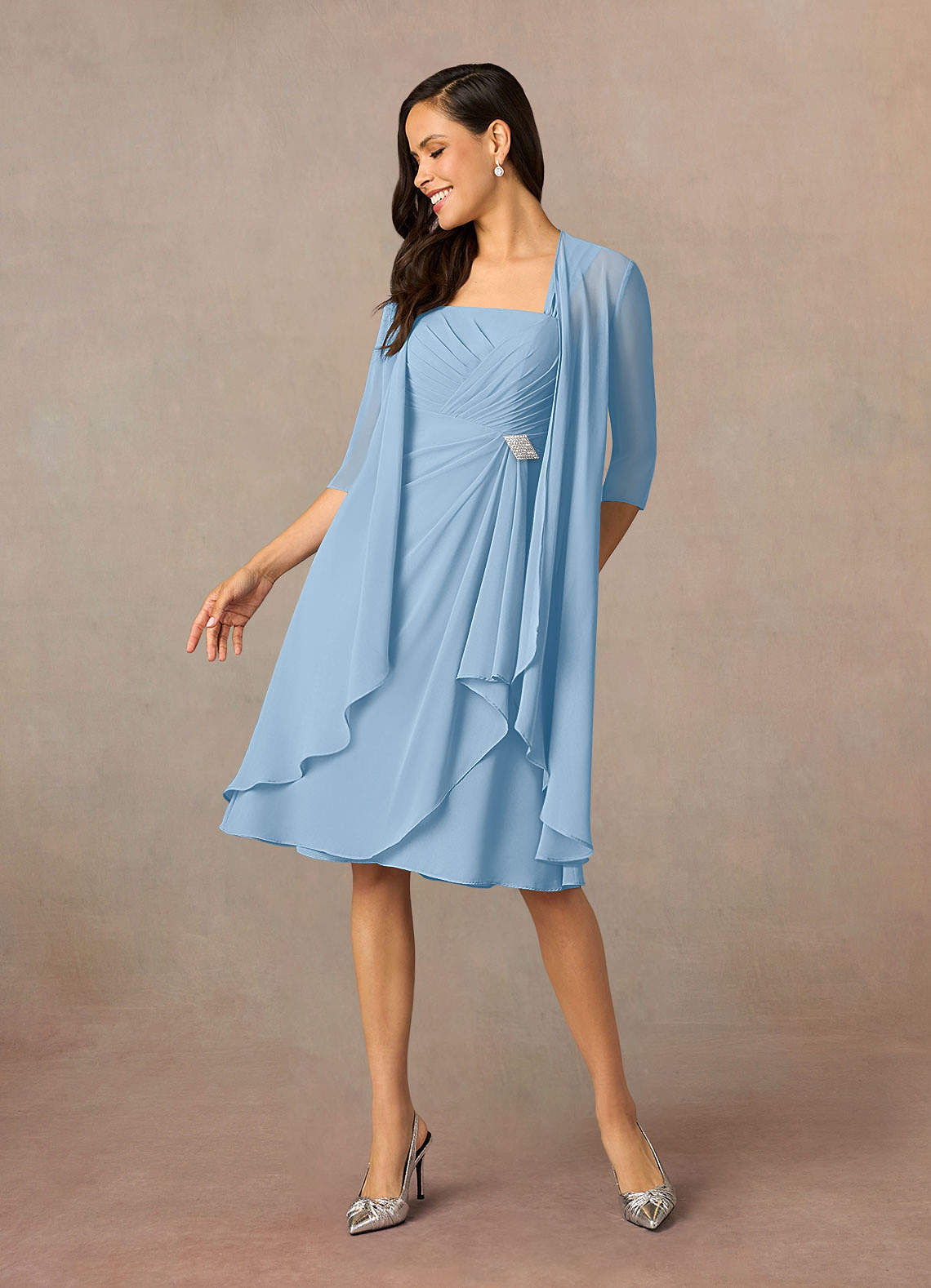 Azazie A-Line/Princess Square Neck Knee-Length Chiffon Mother of the Bride or Groom Dresses - Powder Blue