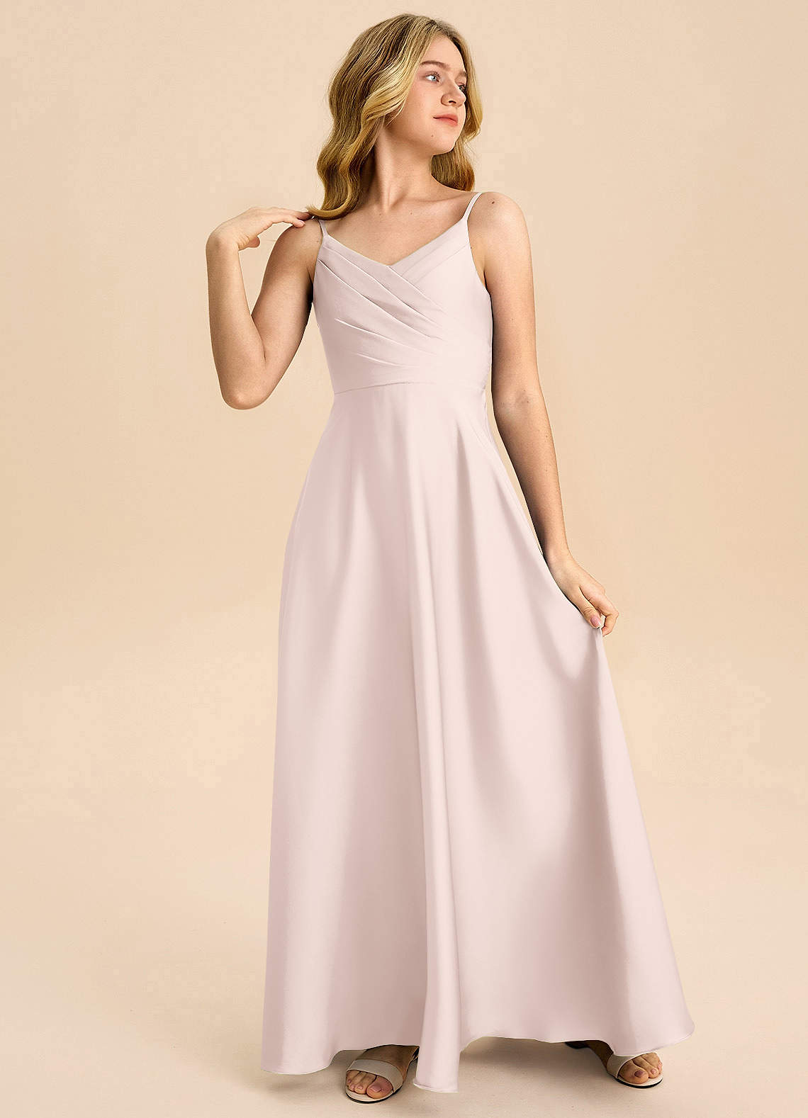 Azazie Bug Junior Linia A Pofałdowany Satyna elastyczna Długość podłogi Młodsza druhna Sukienka image3