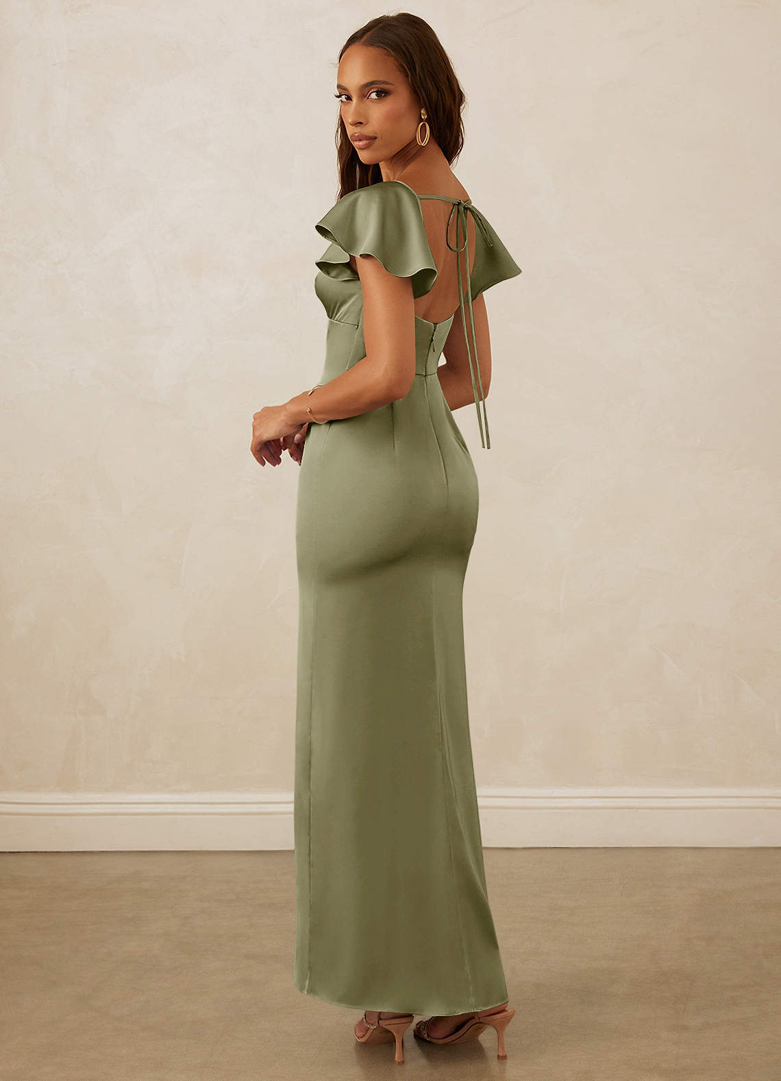 Christian Siriano Bridal for Azazie 1005 Bridesmaid Dresses Flutter Sleeve Stretch Satin Sheath Dress image7