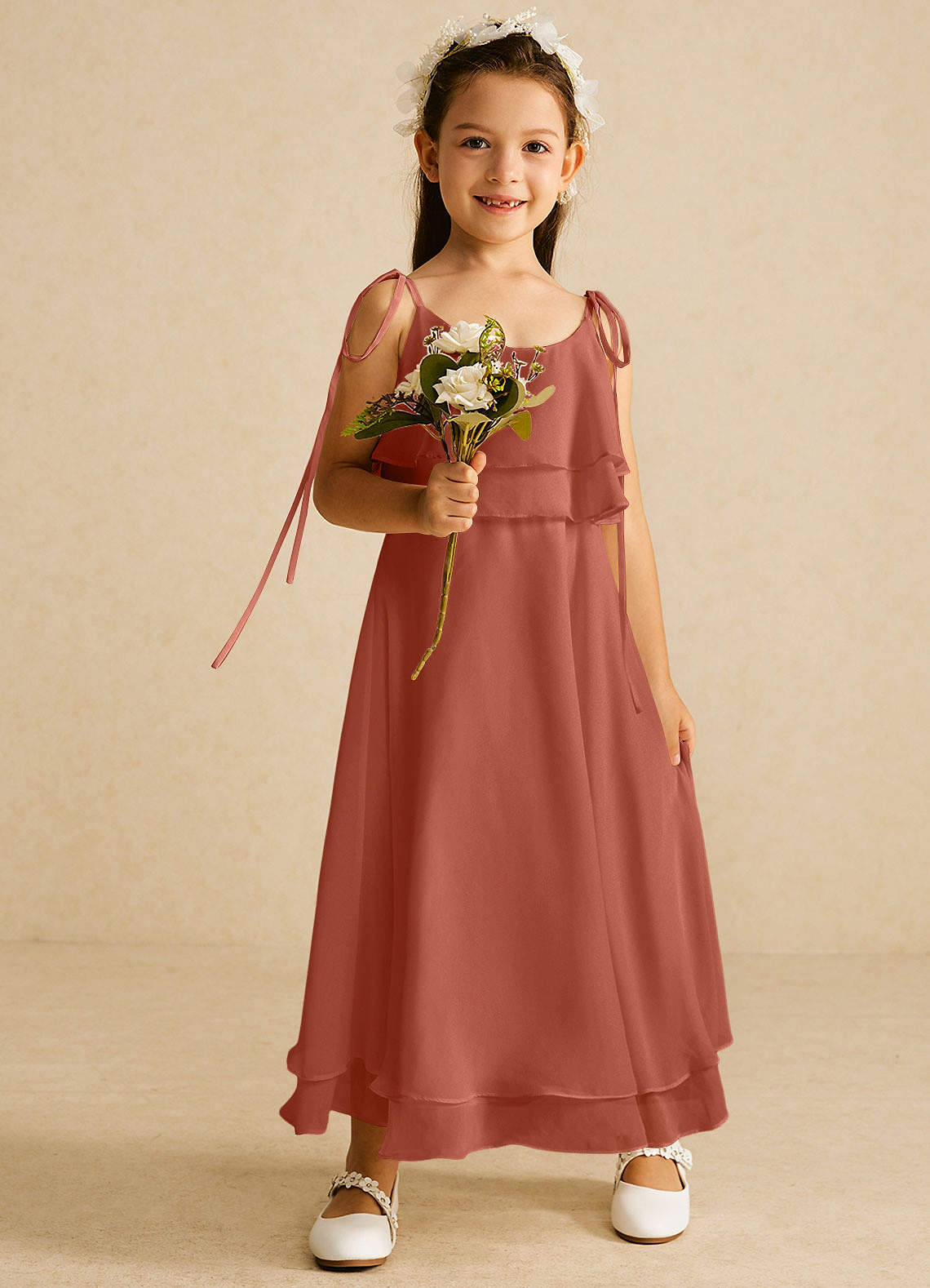Azazie Temi Flower Girl Dresses Clay A-Line Spaghetti Strap Chiffon Dress image1