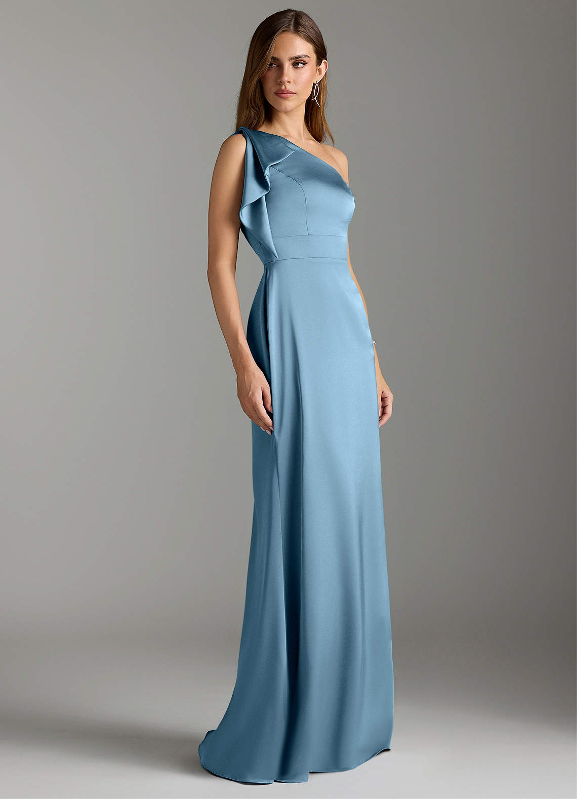 Azazie Rinna Vestidos de damas de honor Vestido de Azul Acero de Satén Elástico de Corte Sirena con Volante image2