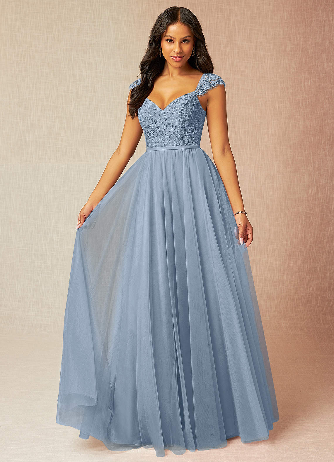 Azazie Luxi Bridesmaid Dresses Dusty Blue A-Line Pleated Tulle Dress image1