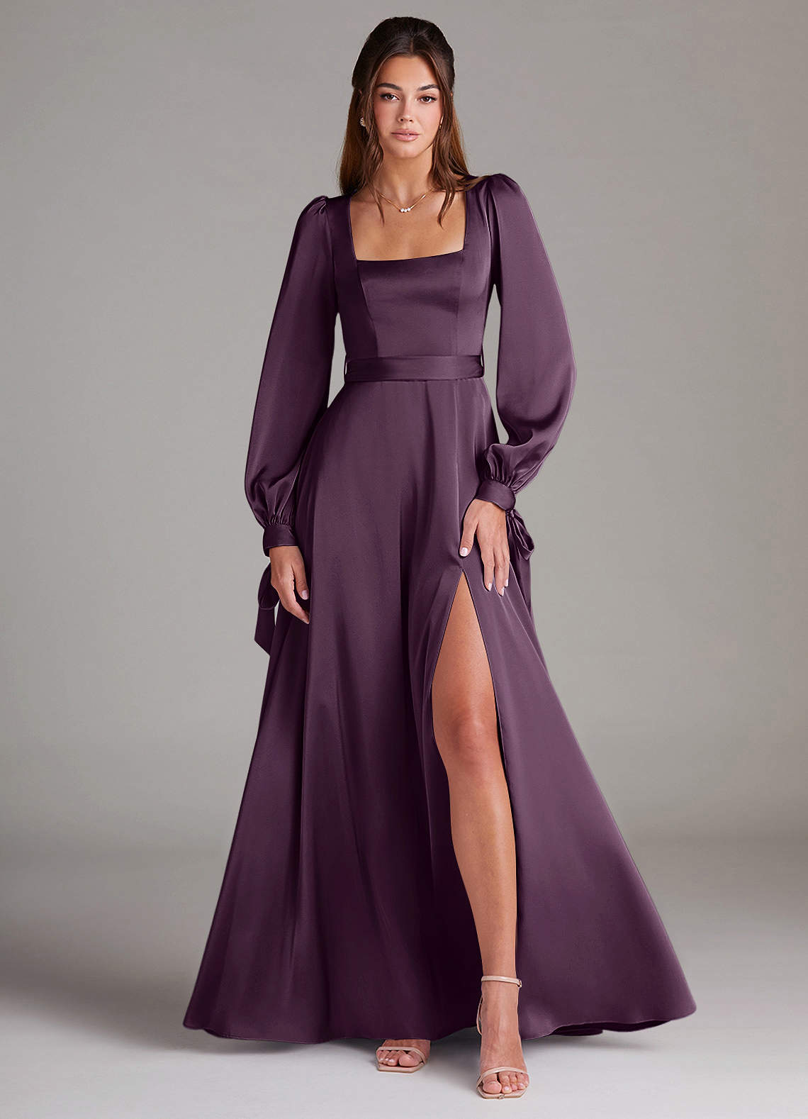 Azazie Leonia Bridesmaid Dresses Plum A-Line Long Sleeve Stretch Satin Dress image1