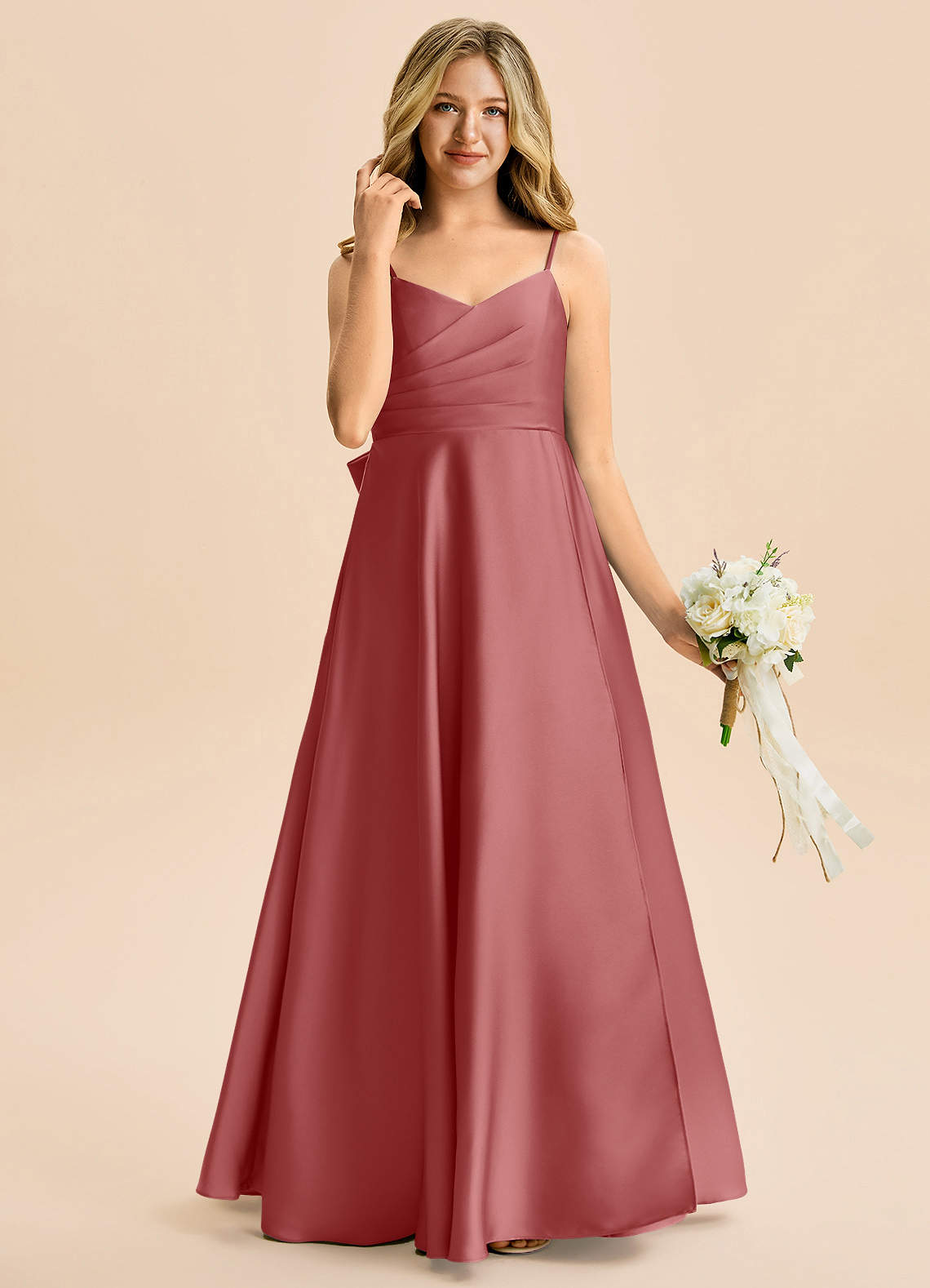 Azazie Rumi Junior Klä av A-Line i Stretch Satin Plisserad image3