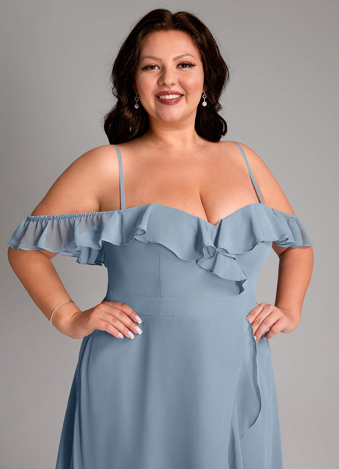 Azazie Lyra At-home Try On Dresses Dusty Blue A-Line Chiffon Convertible Dress image16