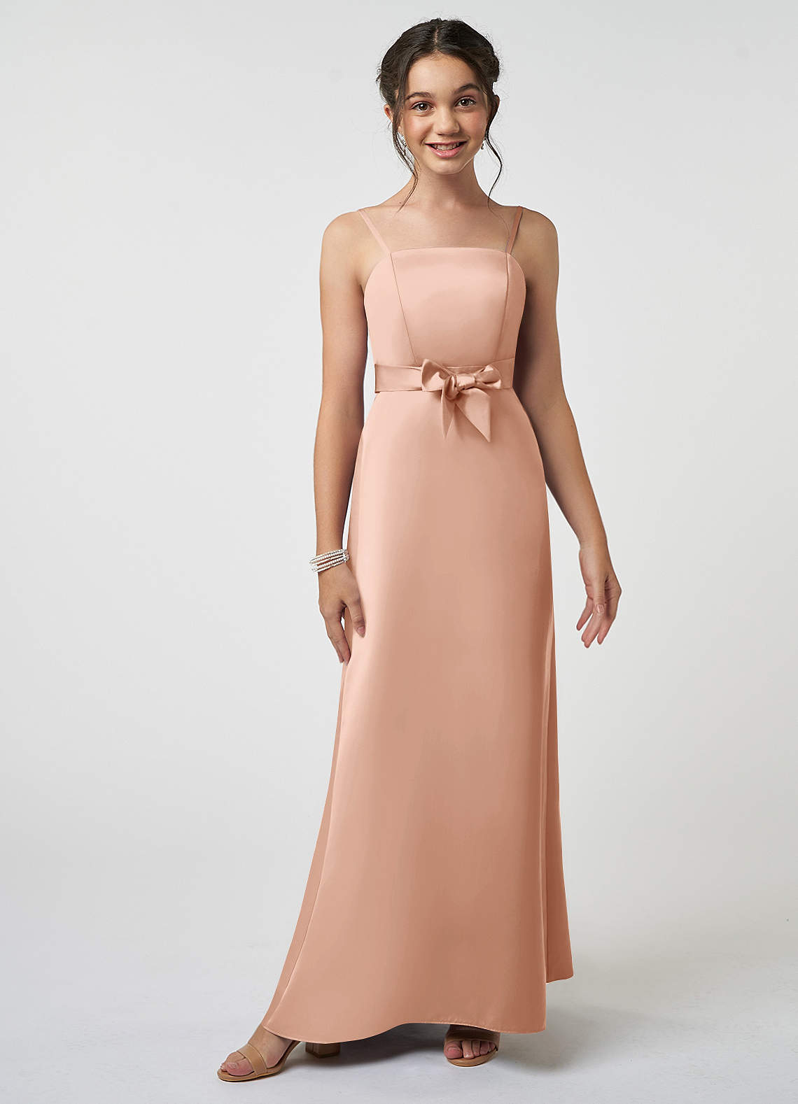 Azazie Anina Junior Robe Trapèze en Satin extensible Arc Or Rose image1