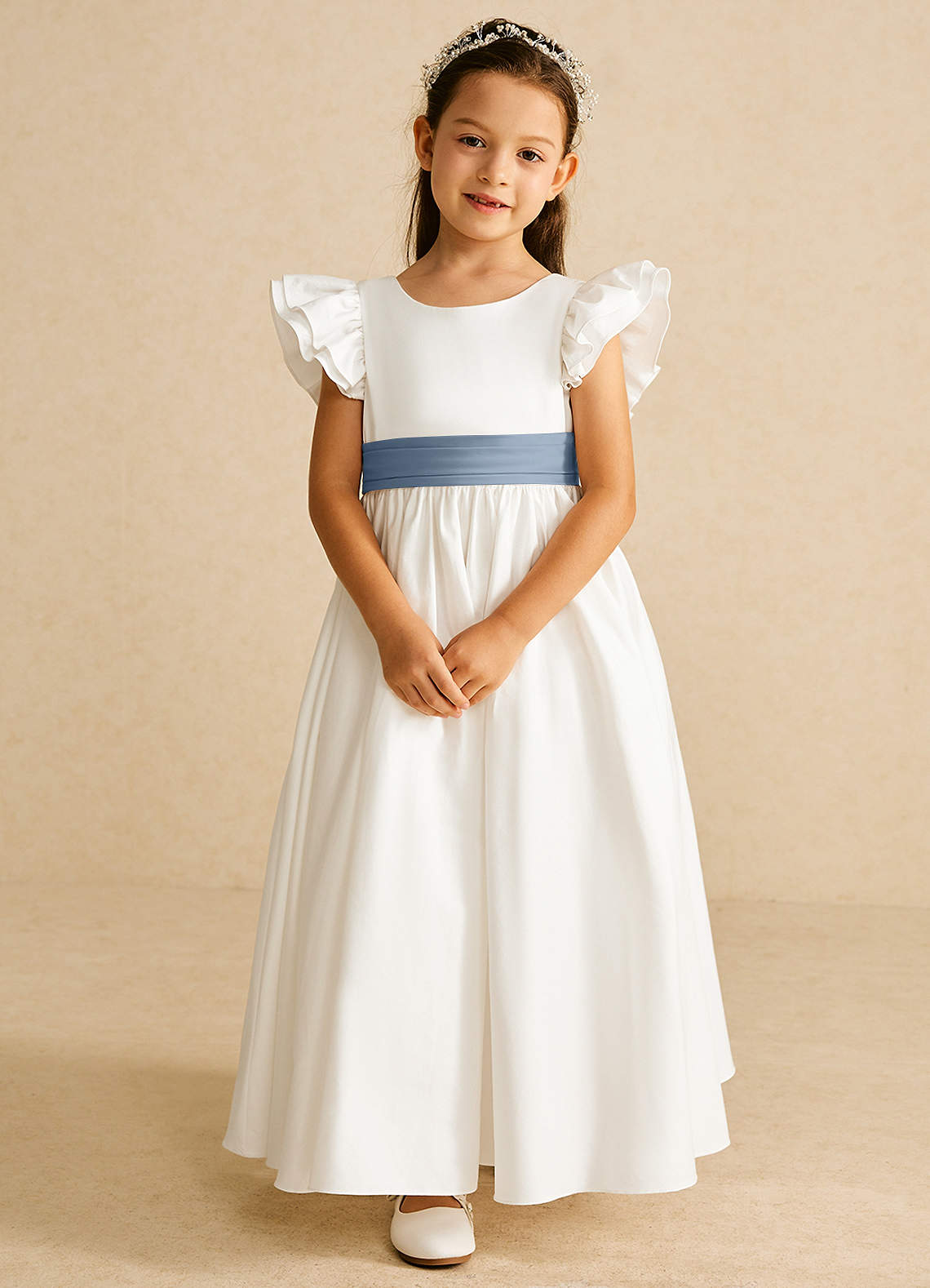 Azazie Aero Flower Girl Dresses Ivory Dusty Blue A-Line Pleated Cotton Dress image3