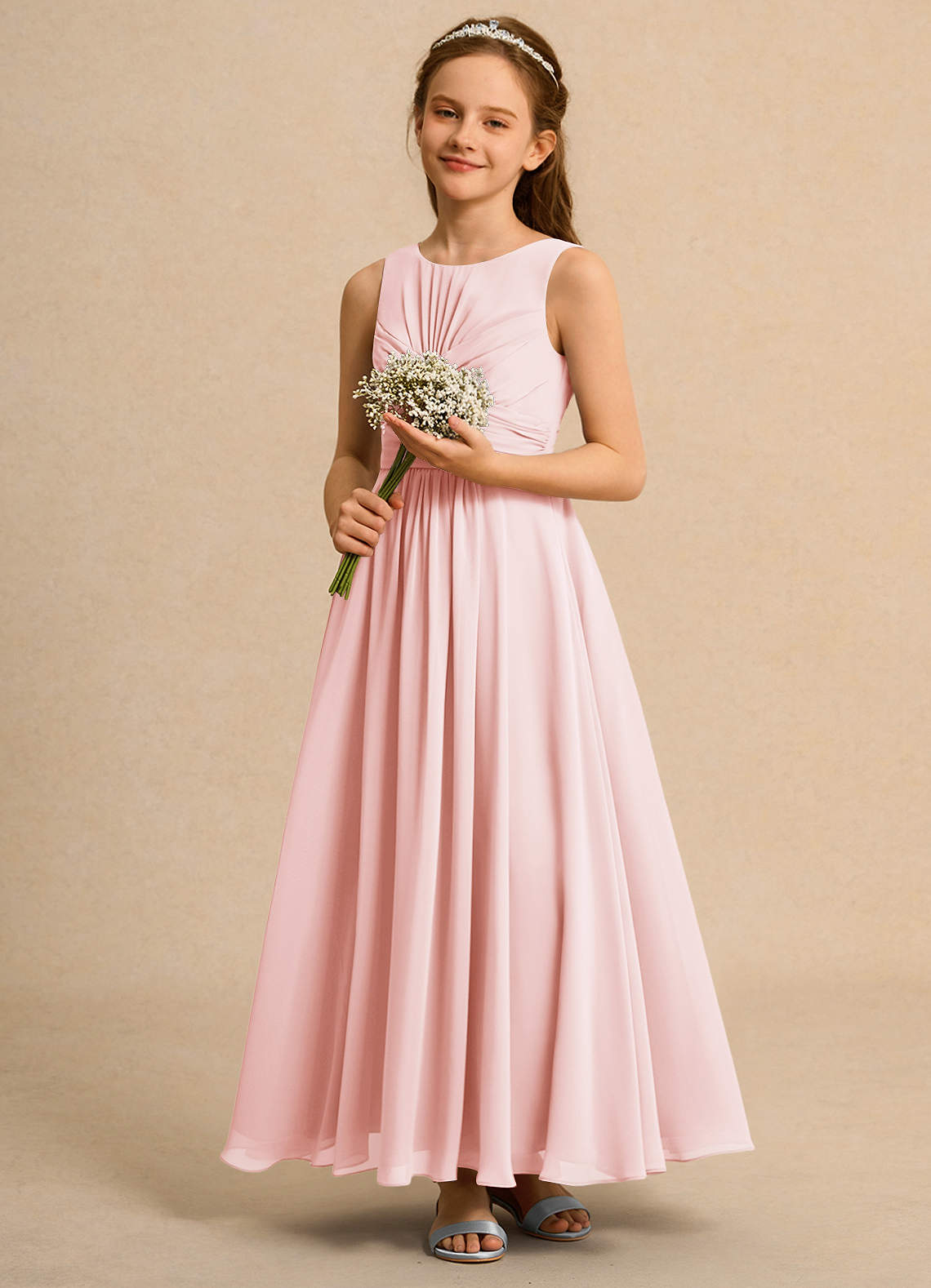 Azazie Ducky Girls Formal Sukienki dla dziewczynek sypiących kwiaty Linia A Pofałdowany Szyfon Długość kostki Sukienka image5