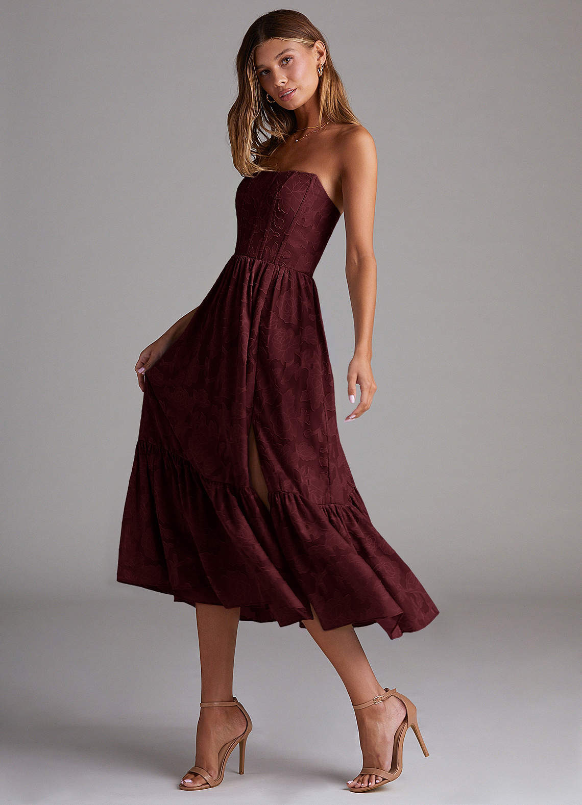 Azazie Delphina Bridesmaid Dresses Cabernet A-Line Strapless Floral Burnout Convertible Dress image4