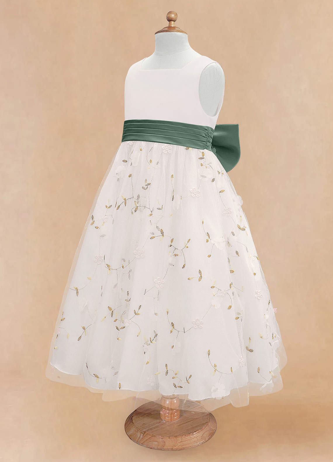 Azazie Pollie Flower Girl Dresses Ivory Eucalyptus A-Line Bow Tulle Dress image12