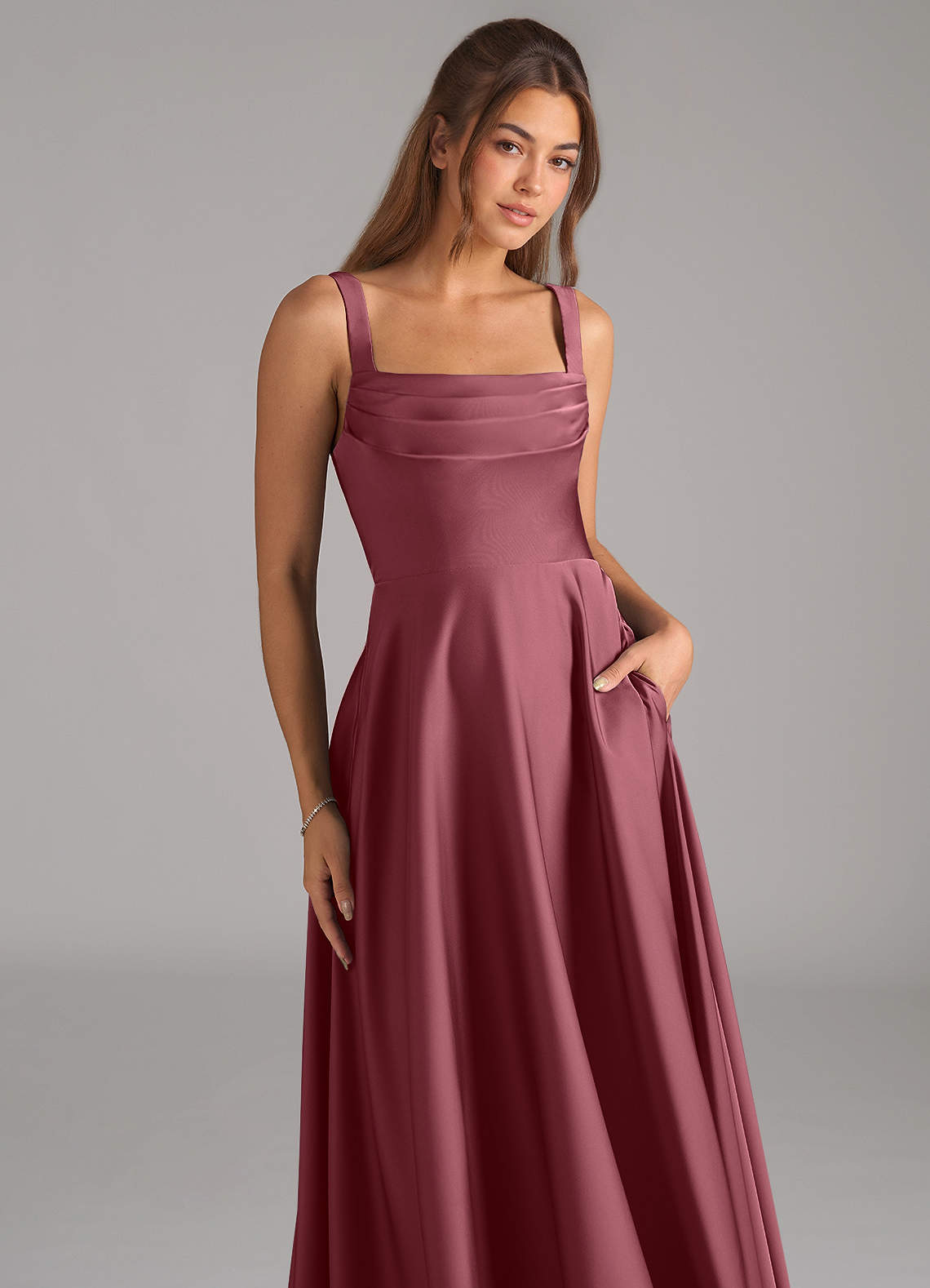 Azazie A-Line Square Neck Floor-Length Stretch Satin Bridesmaid Dresses