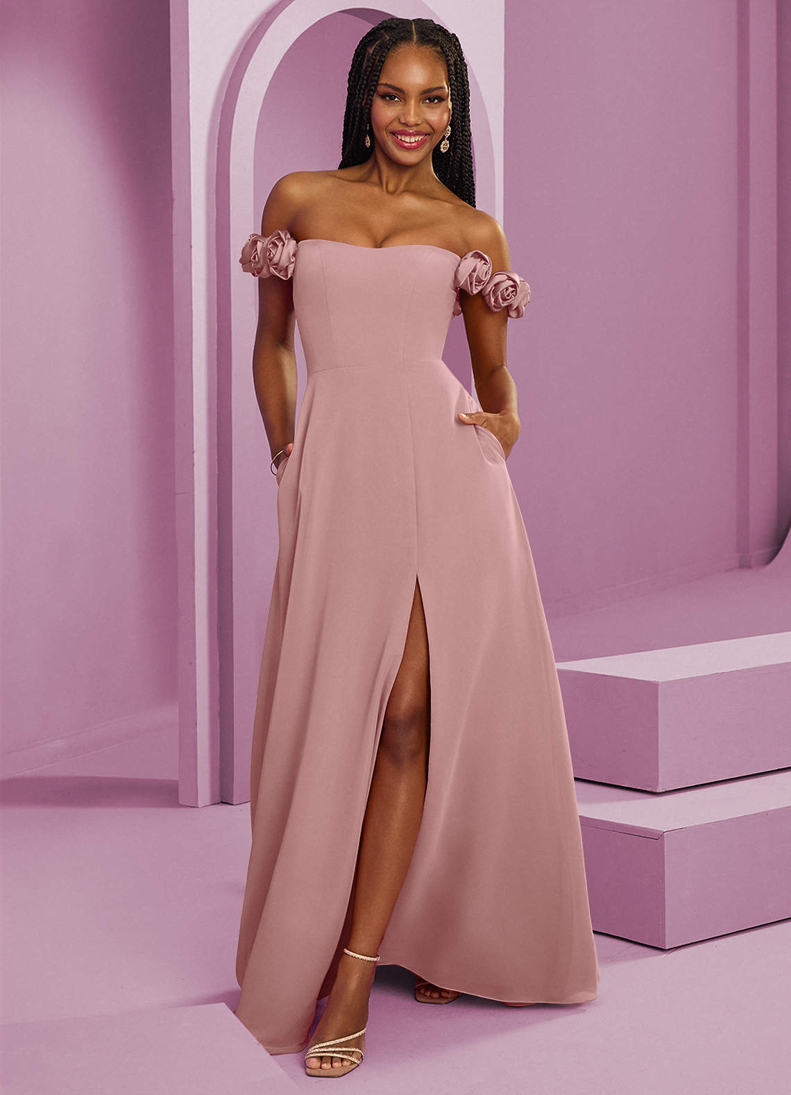 Barbie ♥ Azazie Jurken voor bruidsmeisjes Converteerbaar Jurk van Chiffon met A-Lijn Off the Shoulder Stoffige Roos image1