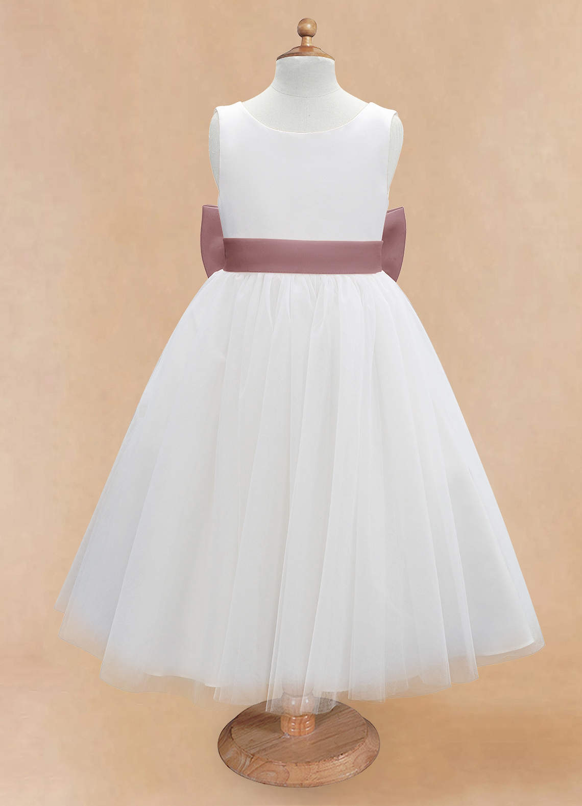 Azazie Kavi Flower Girl Dresses Ivory Dusty Rose A-Line Bow Matte Satin Dress image6