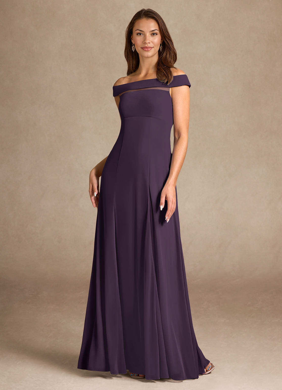 Azazie Ewa Mother of the Bride Dresses Plum A-Line Off the Shoulder Mesh Dress image1