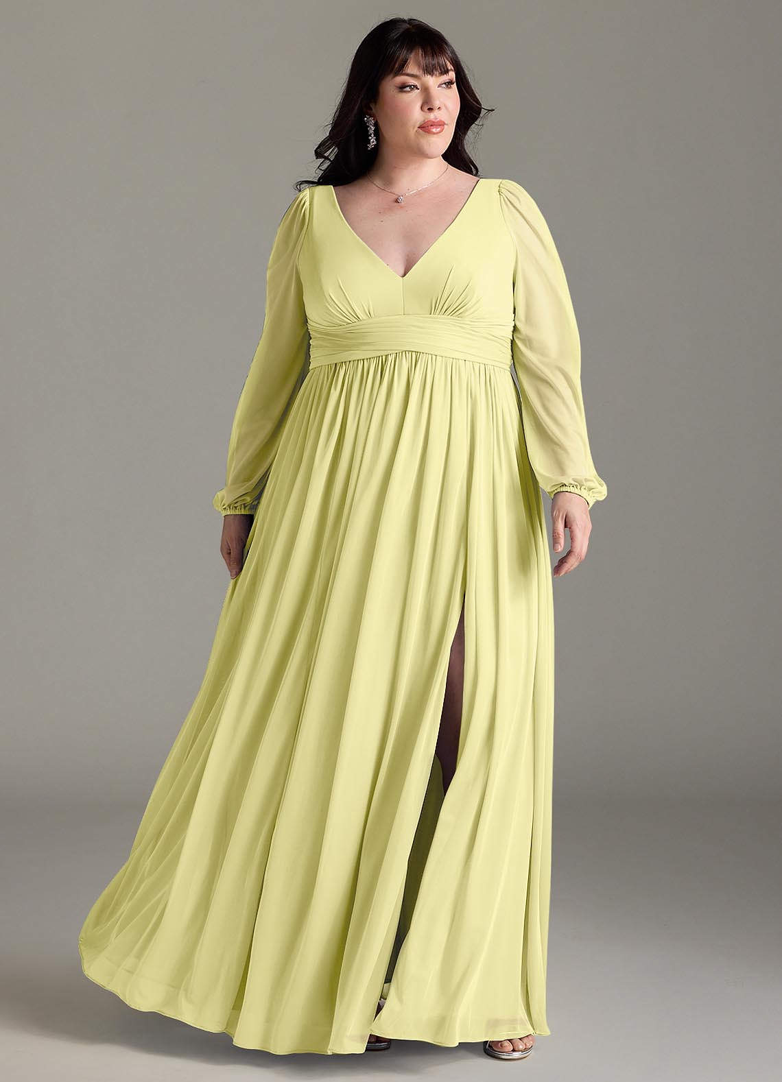 Azazie Norah Abiti da Damigella Abito A-Line in Chiffon con Maniche lunghe e Scollo a V Sorbetto Al Limone image5