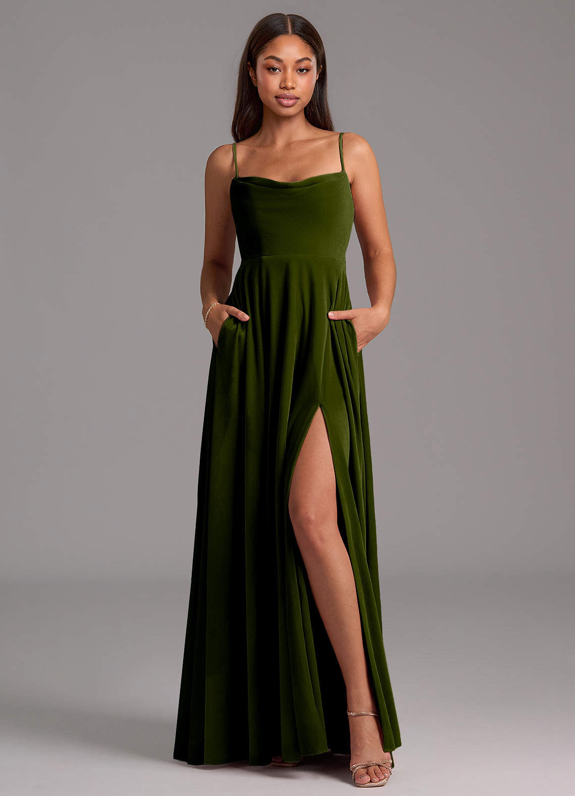 Azazie Elle Bridesmaid Dresses Olive A-Line with Pockets Velvet Dress image1