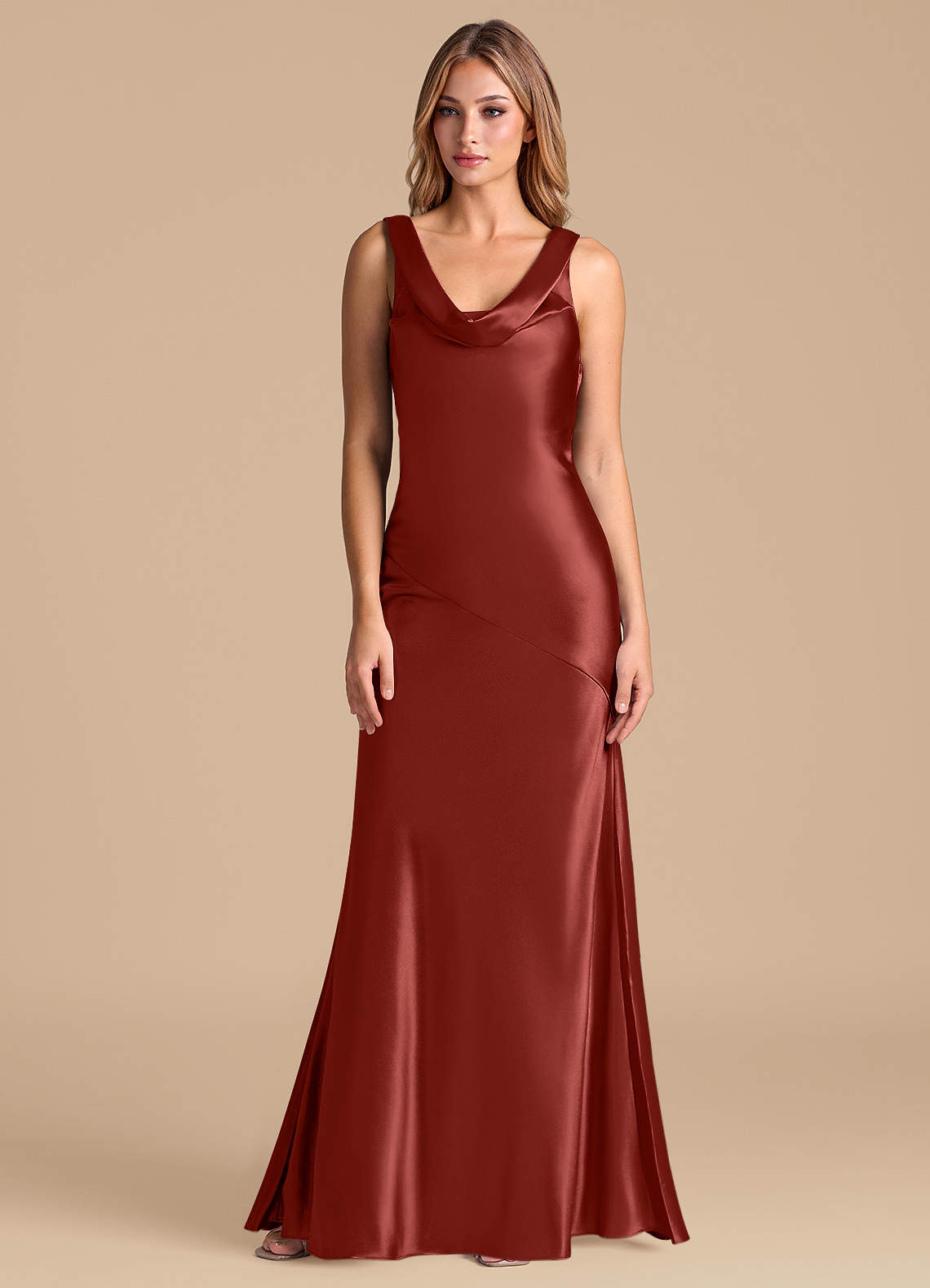 satin terracotta bridesmaid dresses Azazie Rylina Metallic A modern mermaid skirt and cool cowl neck join forces to bring you Lydia Terracotta Bridesmaid Dress, Bridesmaid Dresses,