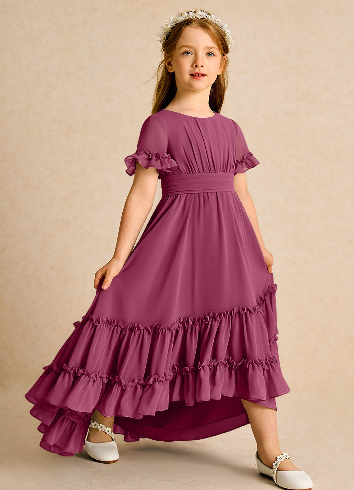 Azazie Kass Flower Girl Dresses Mulberry A-Line Pleated Chiffon Dress image1